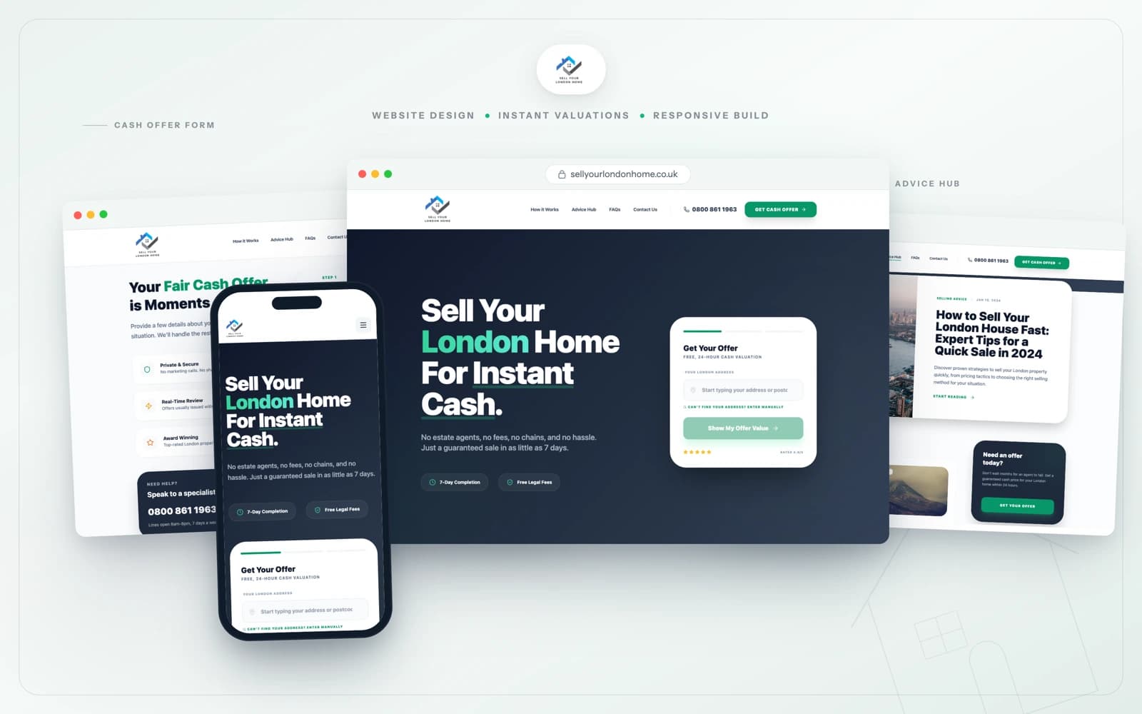 Sell Your London Home website — key pages across desktop and mobile