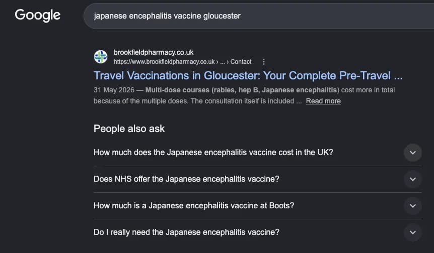 Google search results for "japanese encephalitis vaccine gloucester" showing Brookfield Pharmacy — #1 organic result