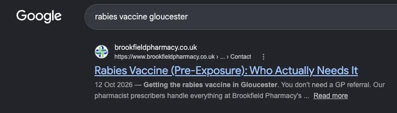Google search results for "rabies vaccine gloucester" showing Brookfield Pharmacy — #1 organic result