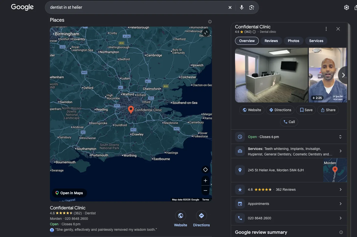 Google search results for "dentist in st helier" showing ConfiDental Clinic — Map pack #1 with the full Business Profile panel