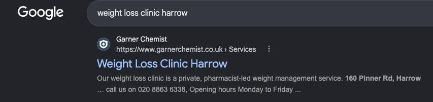 Google search results for "weight loss clinic harrow" showing Garner Chemist — #1 organic result