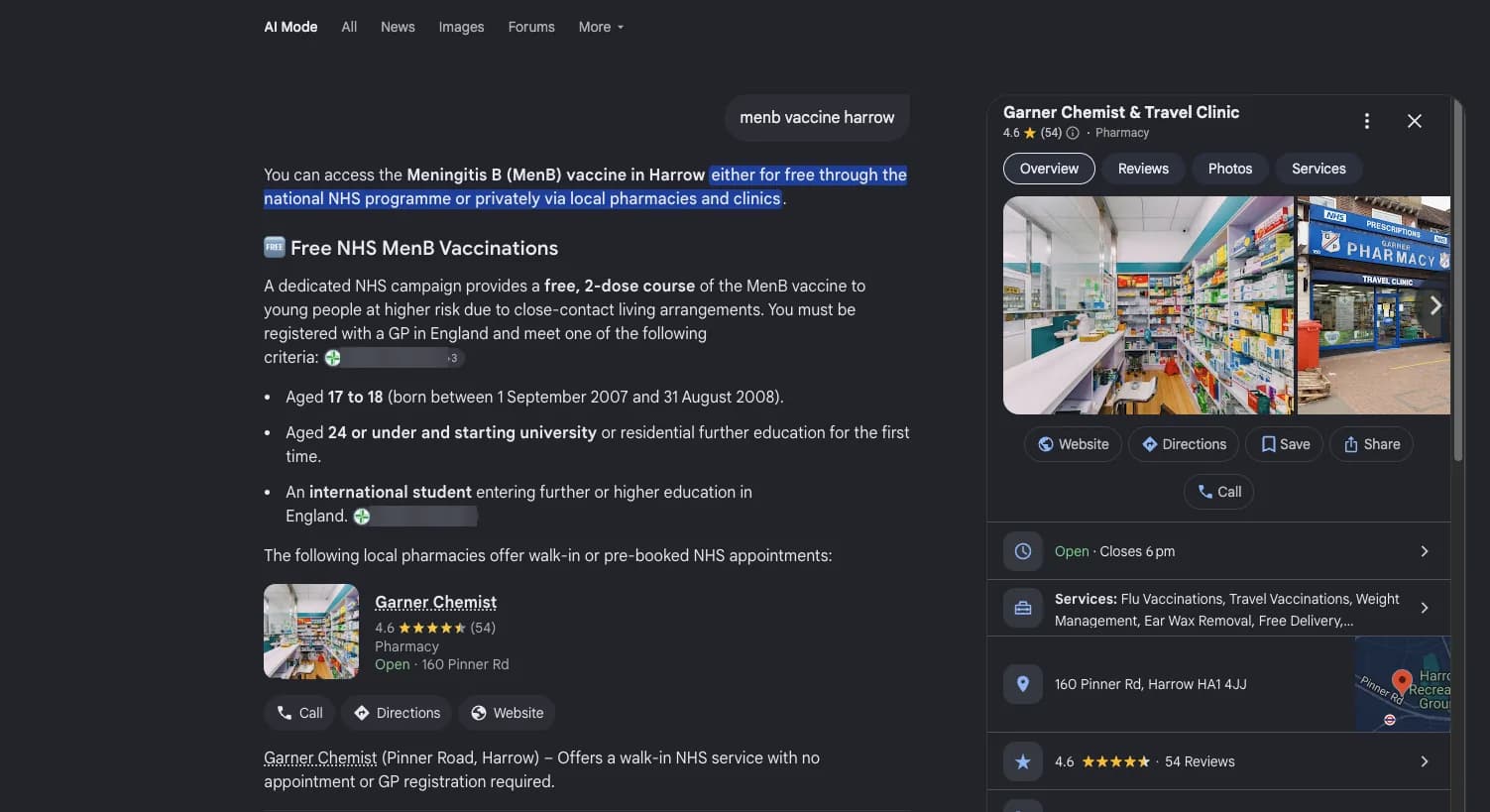 Google search results for "menb vaccine harrow" showing Garner Chemist — AI Mode answer with the full Business Profile panel open