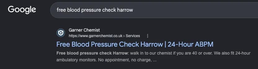 Google search results for "free blood pressure check harrow" showing Garner Chemist — #1 organic result