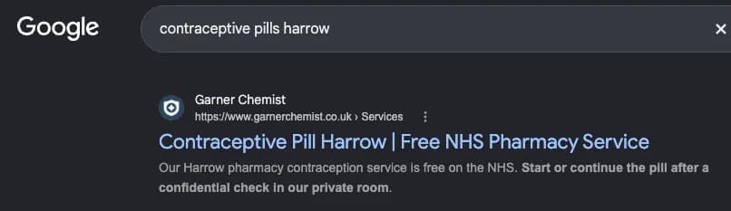 Google search results for "contraceptive pills harrow" showing Garner Chemist — #1 organic result