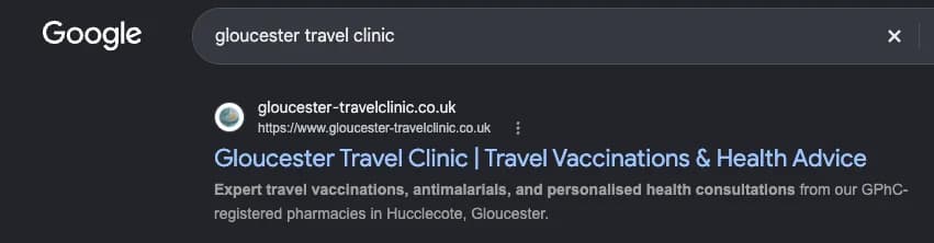 Google search results for "gloucester travel clinic" showing Gloucester Travel Clinic — #1 organic result