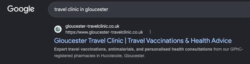 Google search results for "travel clinic in gloucester" showing Gloucester Travel Clinic — #1 organic result
