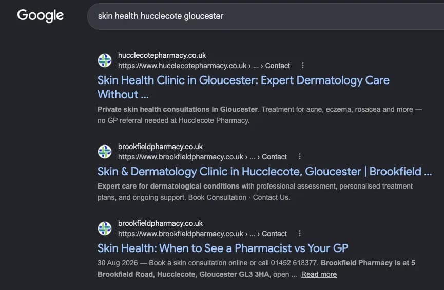 Google search results for "skin health hucclecote gloucester" showing Hucclecote Pharmacy — The whole top three — #1, #2 and #3 across both pharmacies