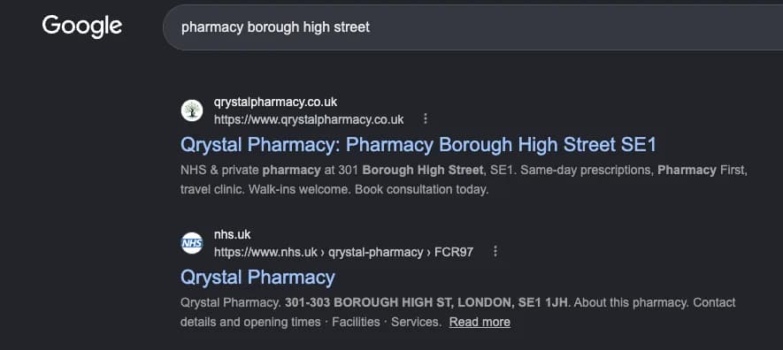 Google search results for "pharmacy borough high street" showing Qrystal Pharmacy — #1 organic — above nhs.uk