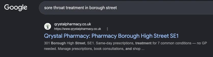 Google search results for "sore throat treatment in borough street" showing Qrystal Pharmacy — #1 organic result (Pharmacy First)