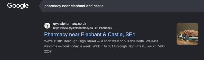 Google search results for "pharmacy near elephant and castle" showing Qrystal Pharmacy — #1 organic result