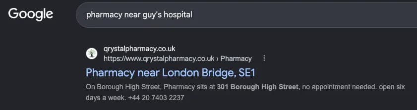 Google search results for "pharmacy near guy's hospital" showing Qrystal Pharmacy — #1 organic result