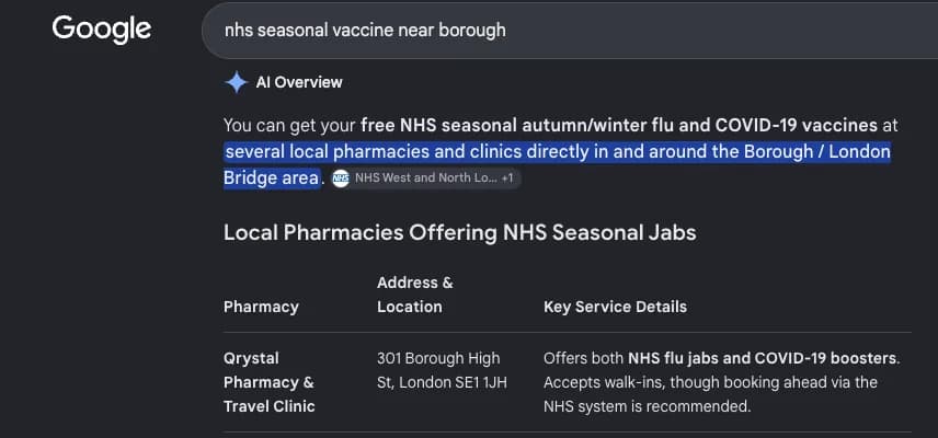 Google search results for "nhs seasonal vaccine near borough" showing Qrystal Pharmacy — First row of the AI Overview comparison table
