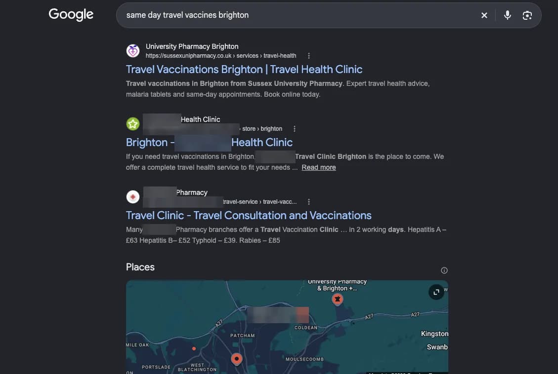 Google search results for "same day travel vaccines brighton" showing University Pharmacy Brighton — #1 organic — ahead of a national high-street chain