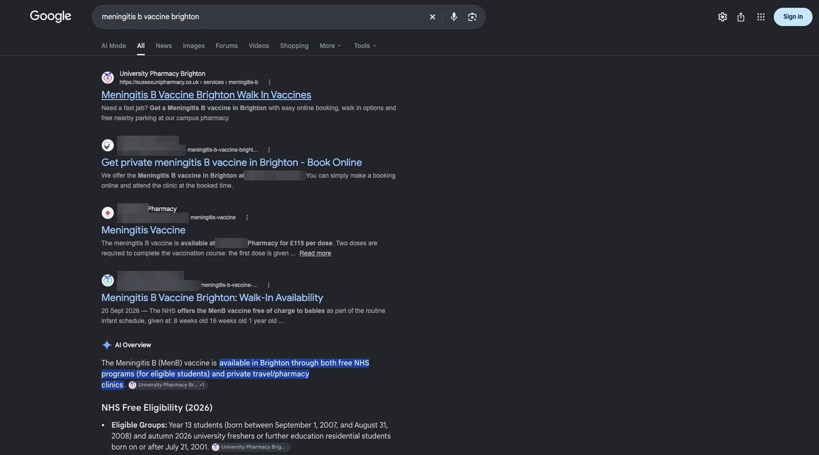 Google search results for "meningitis b vaccine brighton" showing University Pharmacy Brighton — #1 organic and cited in the AI Overview below
