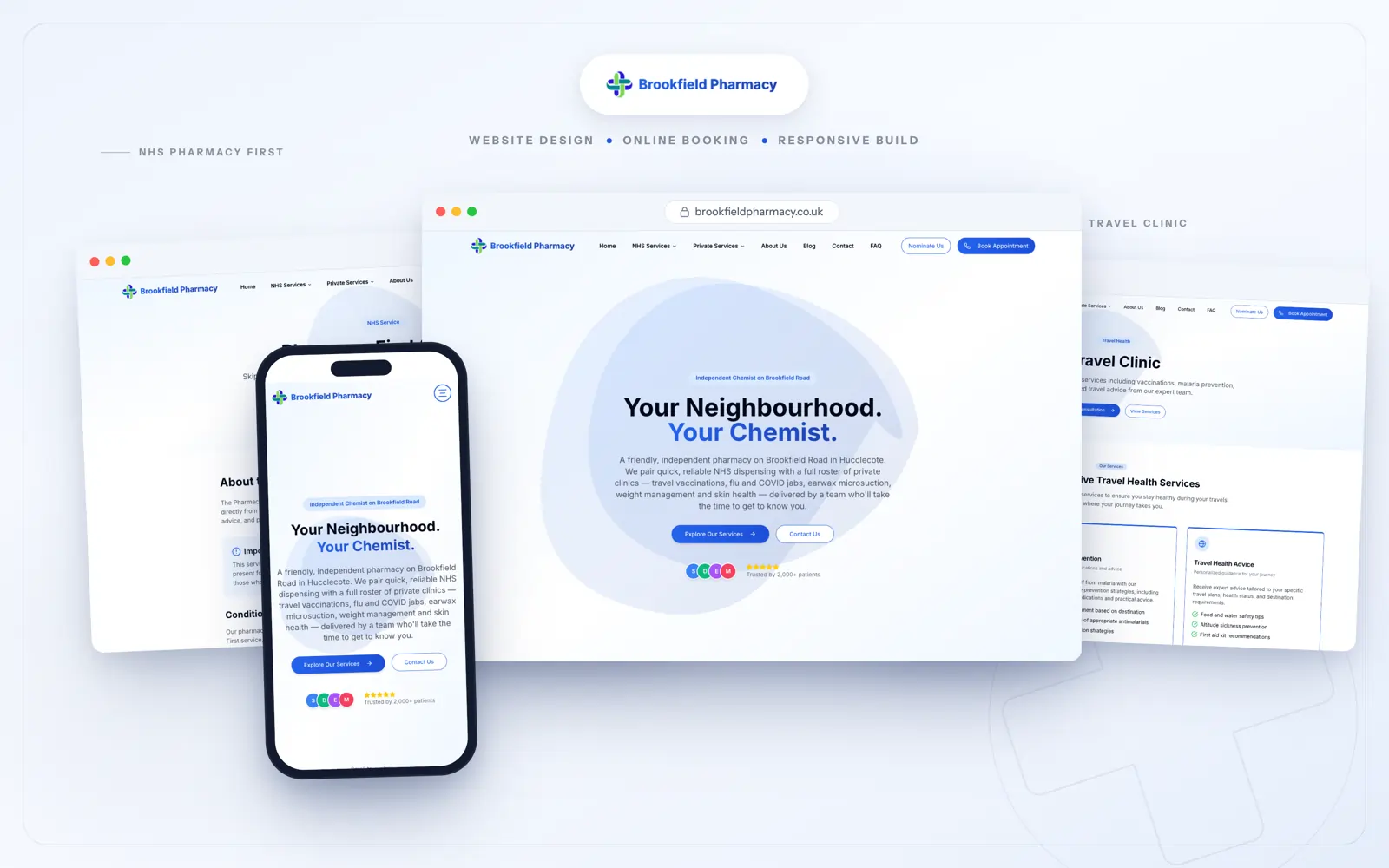 Brookfield Pharmacy website — key pages across desktop and mobile