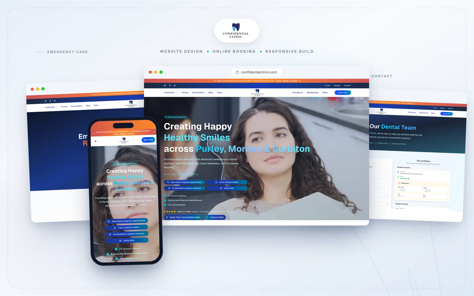 Confidental Clinic website — key pages across desktop and mobile