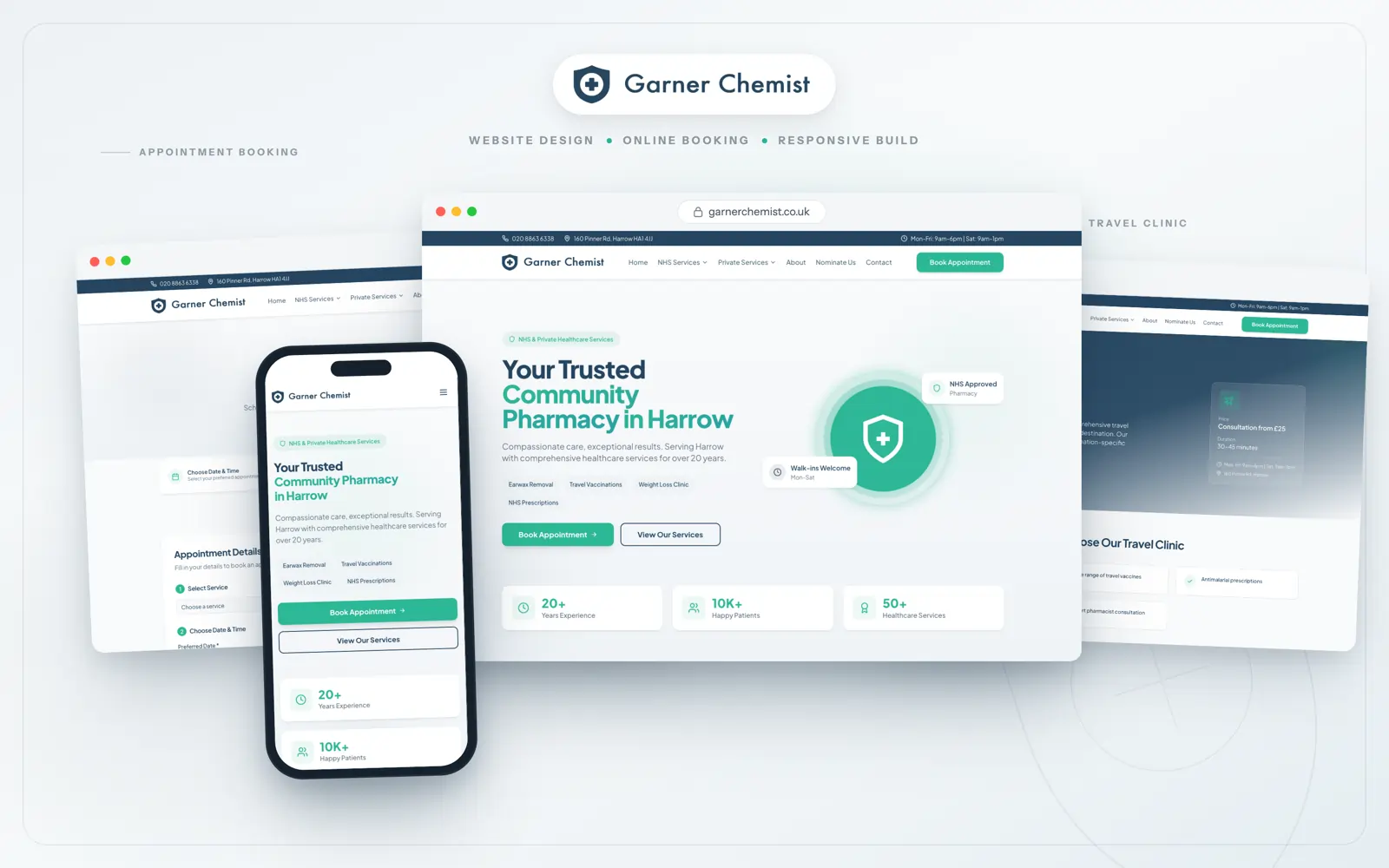 Garner Chemist website — key pages across desktop and mobile