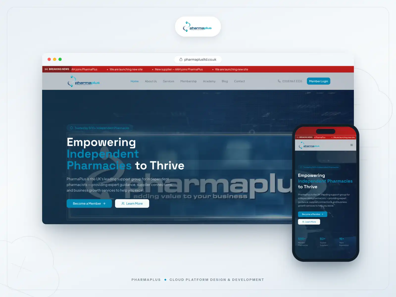 PharmaPlus Connect SaaS platform across desktop, tablet and mobile