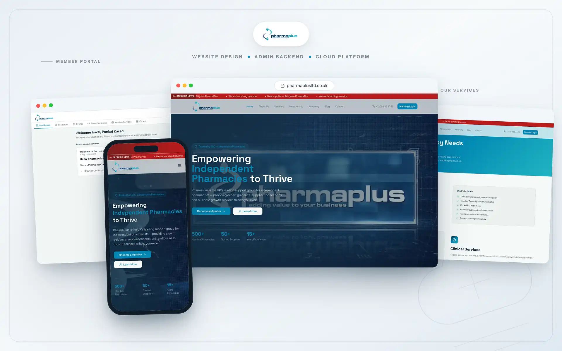 PharmaPlus Connect platform — key pages including digital products, membership and tools