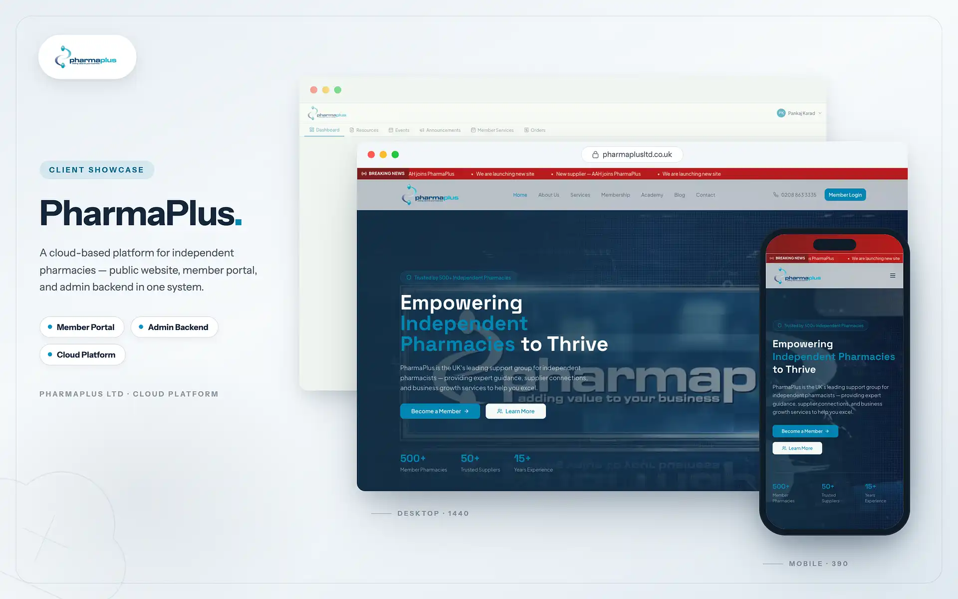 PharmaPlus Connect SaaS platform showcase across desktop and mobile
