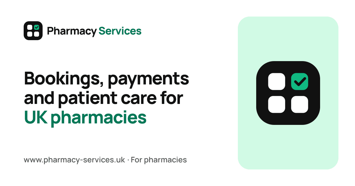 Pharmacy Services product brand card: bookings, payments and patient care for UK pharmacies