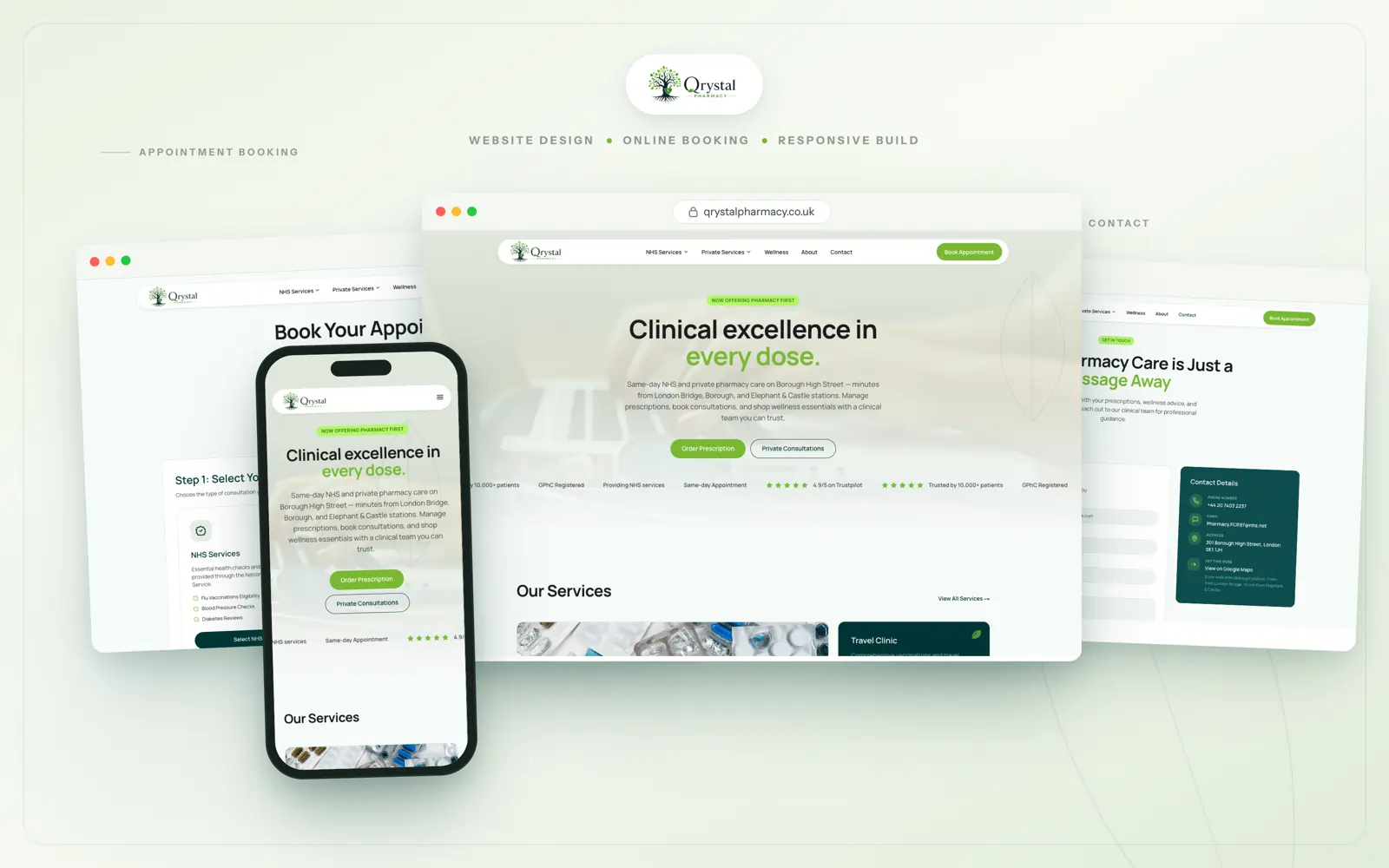 Qrystal Pharmacy website — homepage, booking and contact pages across desktop and mobile