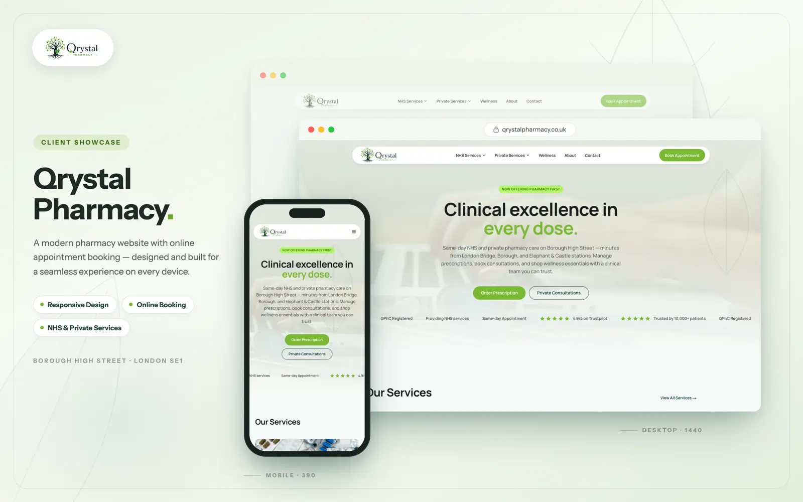 Qrystal Pharmacy website showcase — desktop and mobile