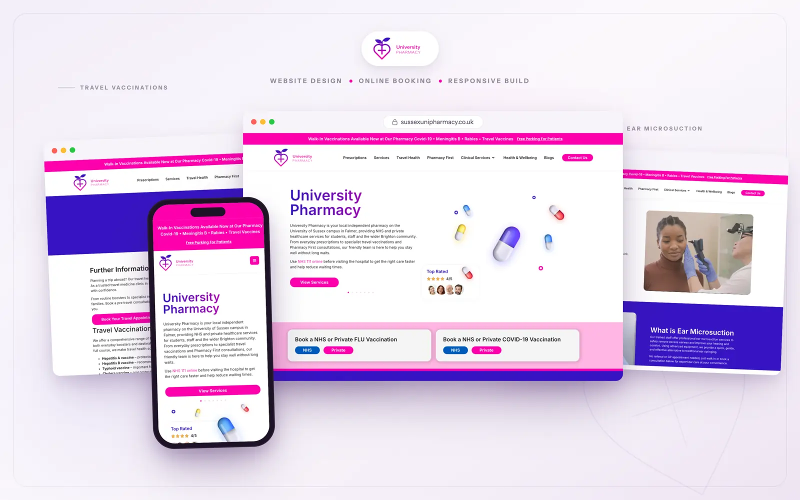 Sussex Uni Pharmacy website — key pages across desktop and mobile