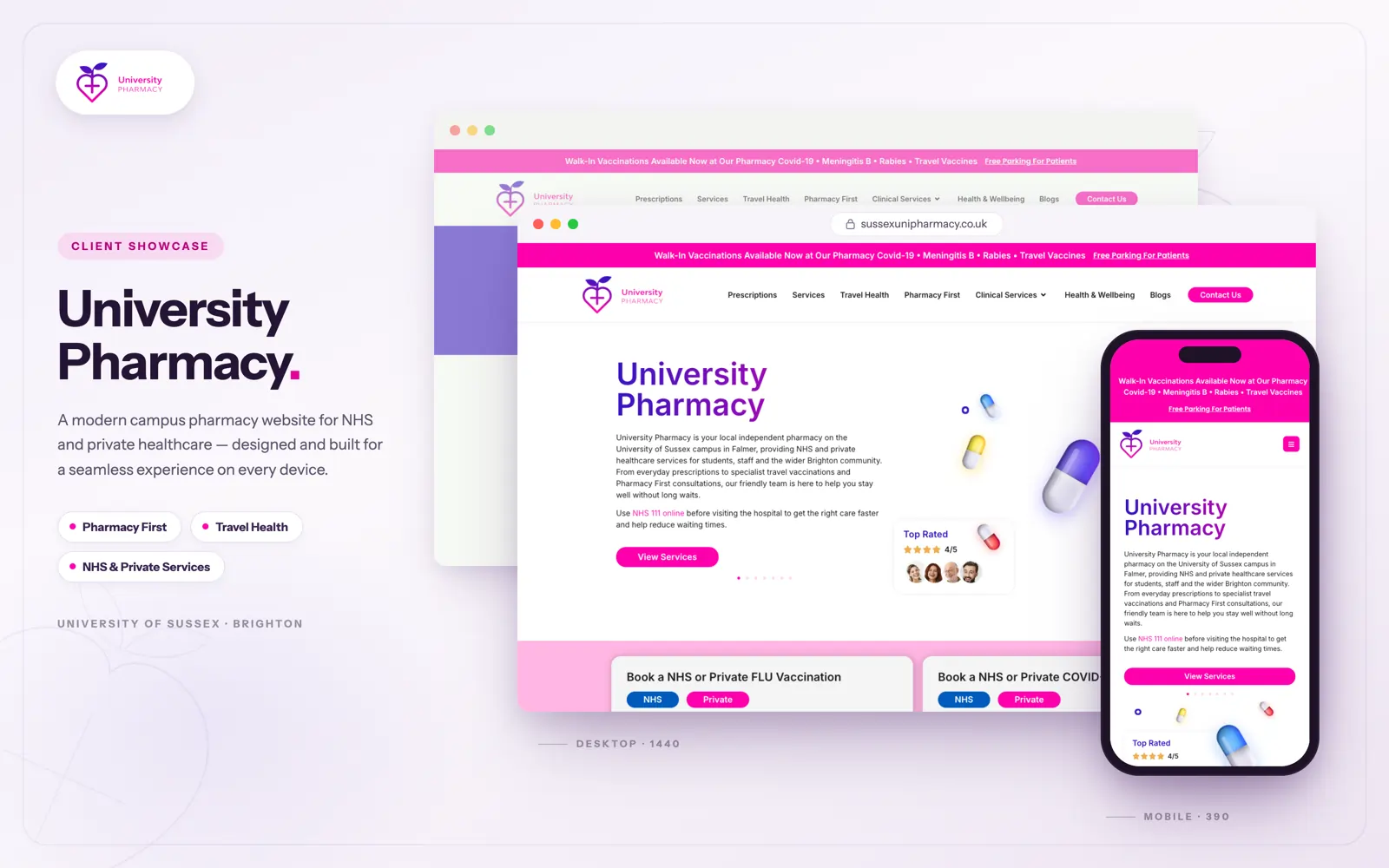 Sussex Uni Pharmacy website showcase — desktop and mobile